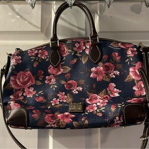 Dooney & Bourke Navy Floral Satchel with Brown Trim